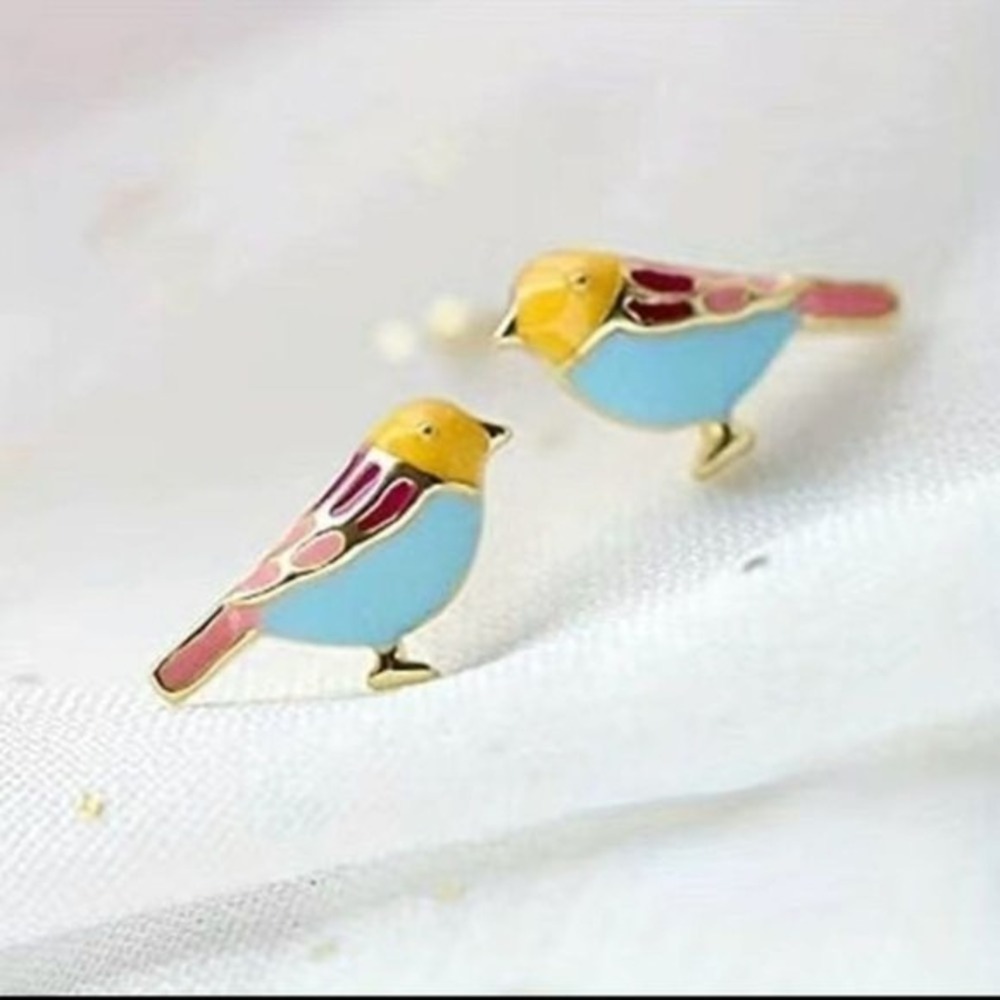 NEW 18K Gold Plated‎ Hummingbird Yellow Blue Pink Enameled Dainty Stud Earrings
